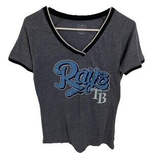 Tampa Bay Rays Shirt Women L Gray Blue Embellished Studded lettering V Neck